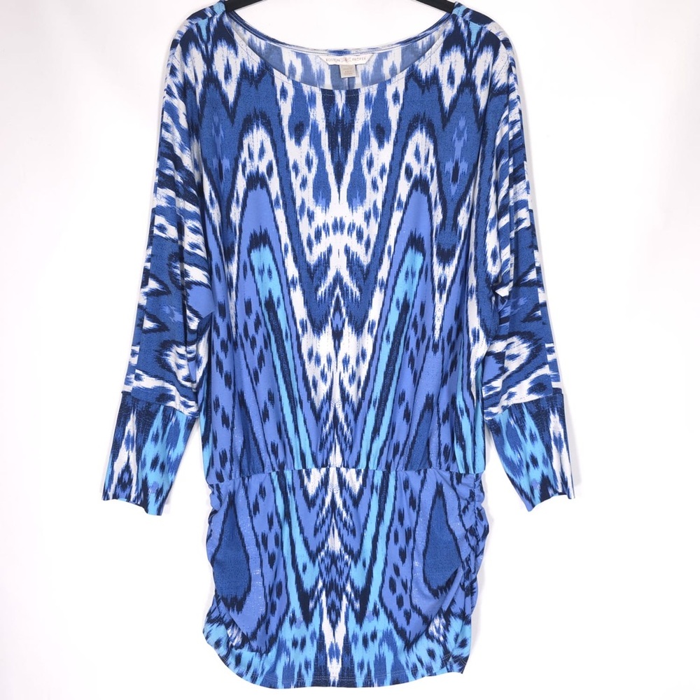 BOSTON PROPER Women’s IKAT Print Bodycon Side‎ Ruching Mini Dress Stretch SMALL